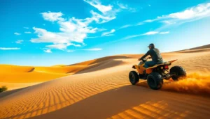 A rider on a yellow quad bike speeds across golden Dubai desert dunes under a bright blue sky, kicking up sand behind the ATV.