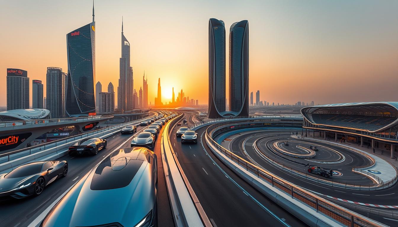 Motor City Dubai skyline with a race track in the foreground and desert dunes in the distance, showcasing adventure and family entertainment options