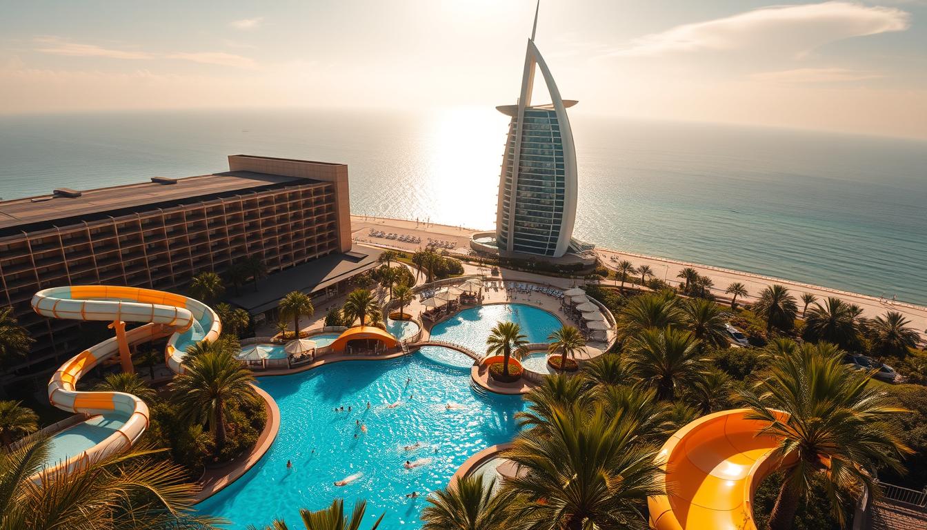 Tourists enjoying a large waterpark with slides and pools at a luxury hotel in Dubai, UAE, under a clear blue sky