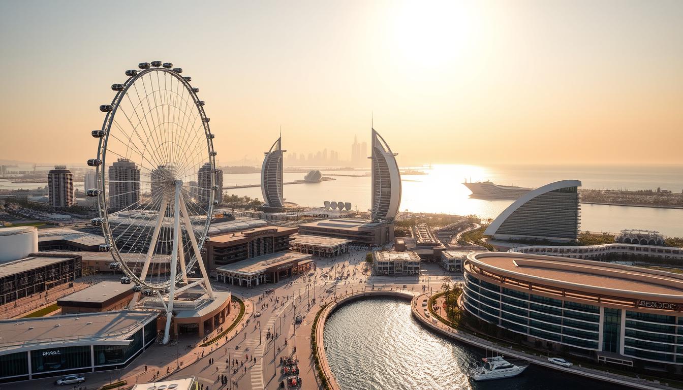 Bluewaters Island in Dubai at sunset, with Ain Dubai observation wheel illuminated and waves gently touching the shore
