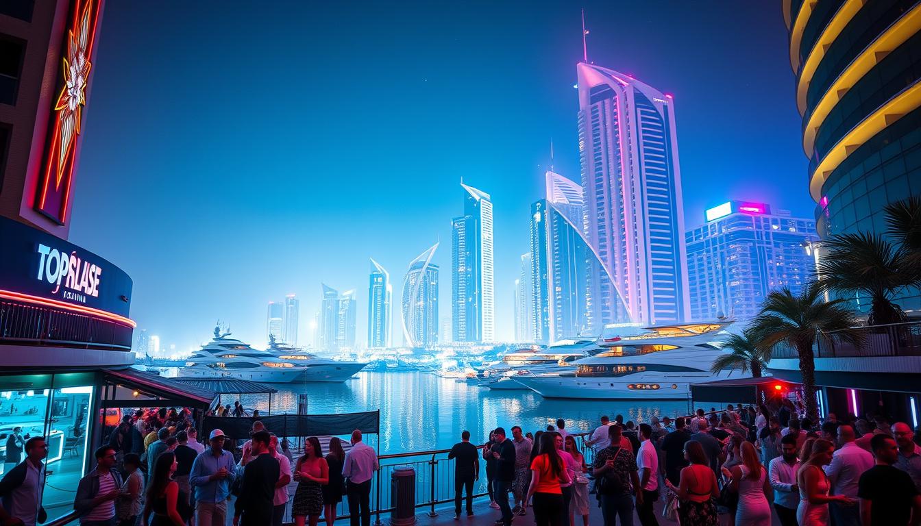 A vibrant nightclub scene in Dubai Marina with flashing lights, a DJ booth, and a crowd of people dancing and enjoying the music
