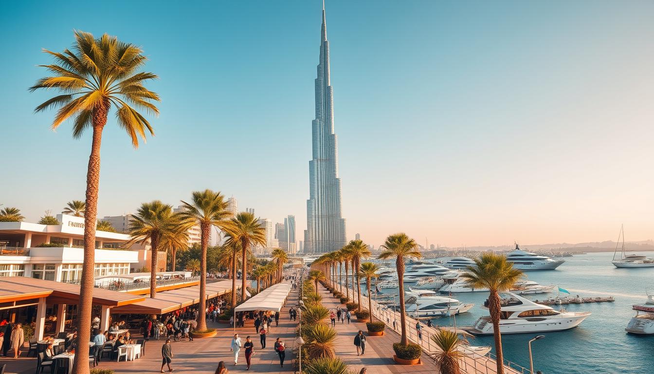 Families enjoying various outdoor activities in Dubai, including desert safaris, beach sports, and theme park visits, under a bright sunny sky
