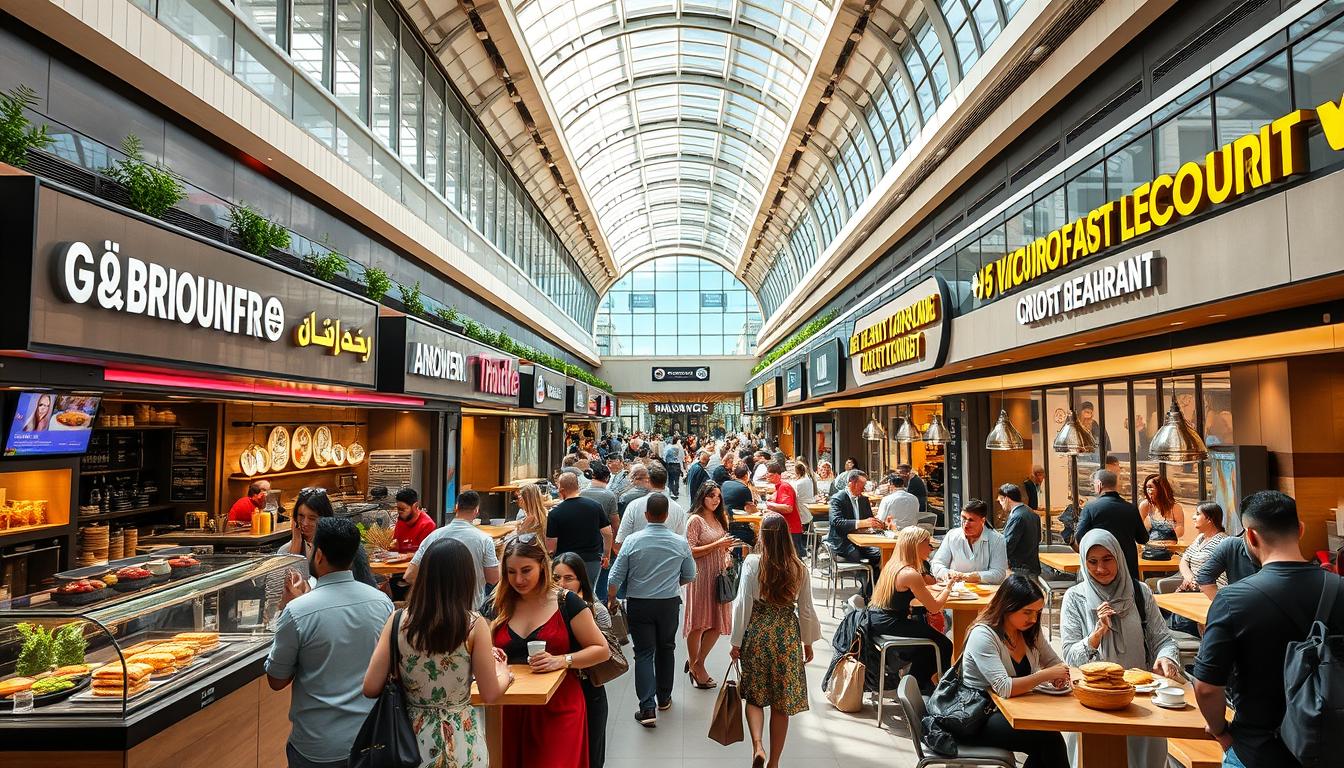 A vibrant breakfast spread with various dishes and fresh coffee on a table in a bright, modern restaurant setting within Dubai Mall