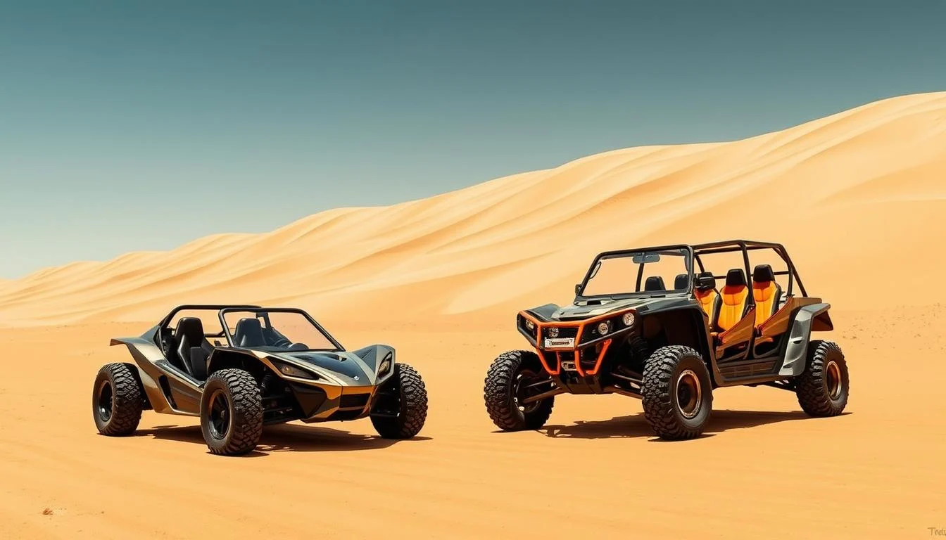 Two dune buggies, a 2-seater and a 4-seater, parked side-by-side on a desert dune in Dubai, showcasing their differences