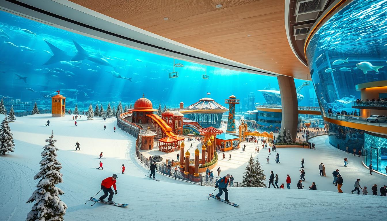 Tourists enjoying various indoor activities in Dubai, including theme parks, museums, and entertainment venues, escaping the desert heat