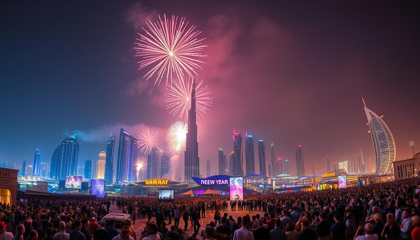 Spectacular New Year's Eve fireworks illuminating the Dubai skyline above the Burj Khalifa and surrounding buildings