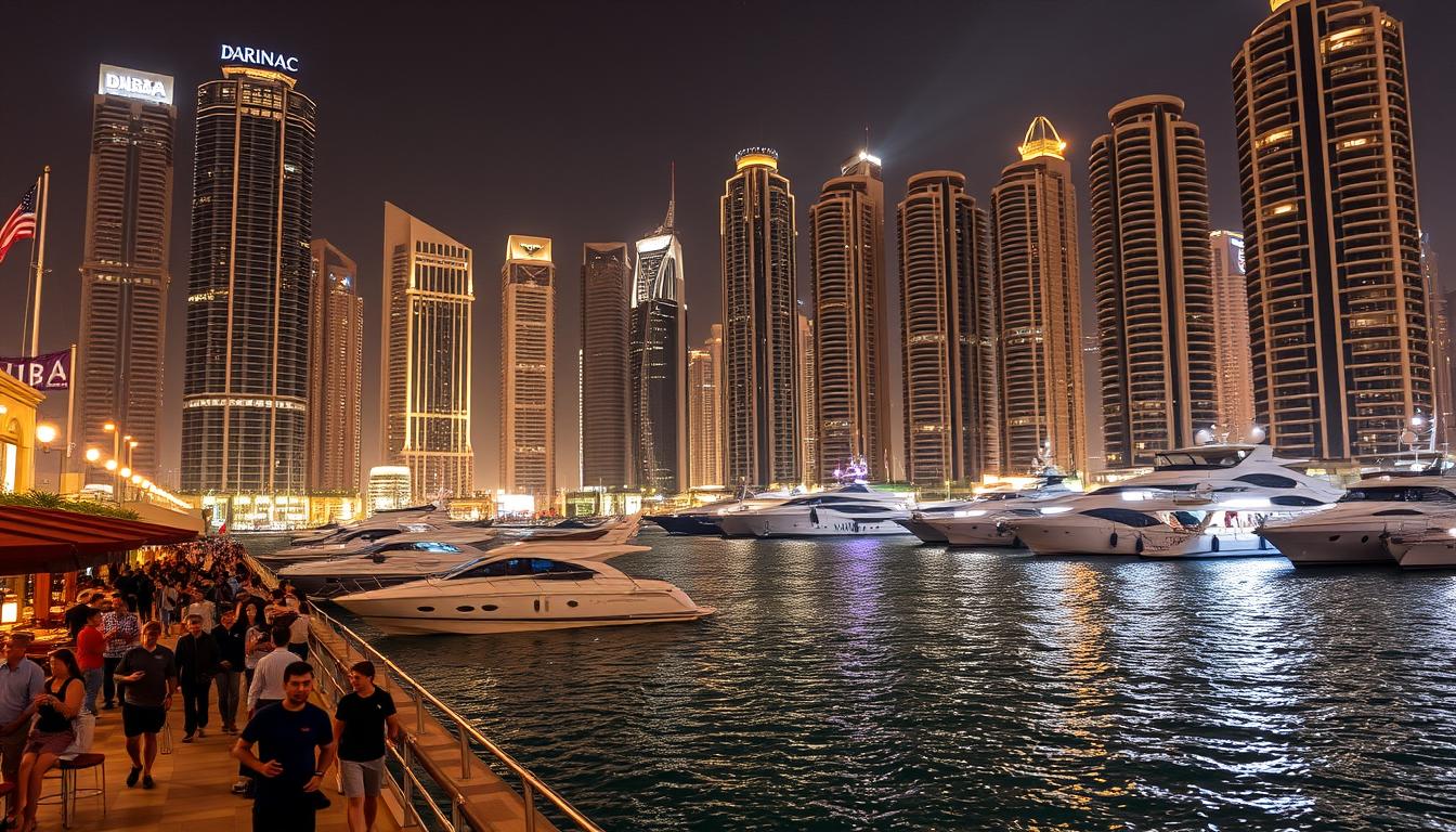 Dubai Marina at night with illuminated skyscrapers reflecting on the water, showing boats and a vibrant atmosphere