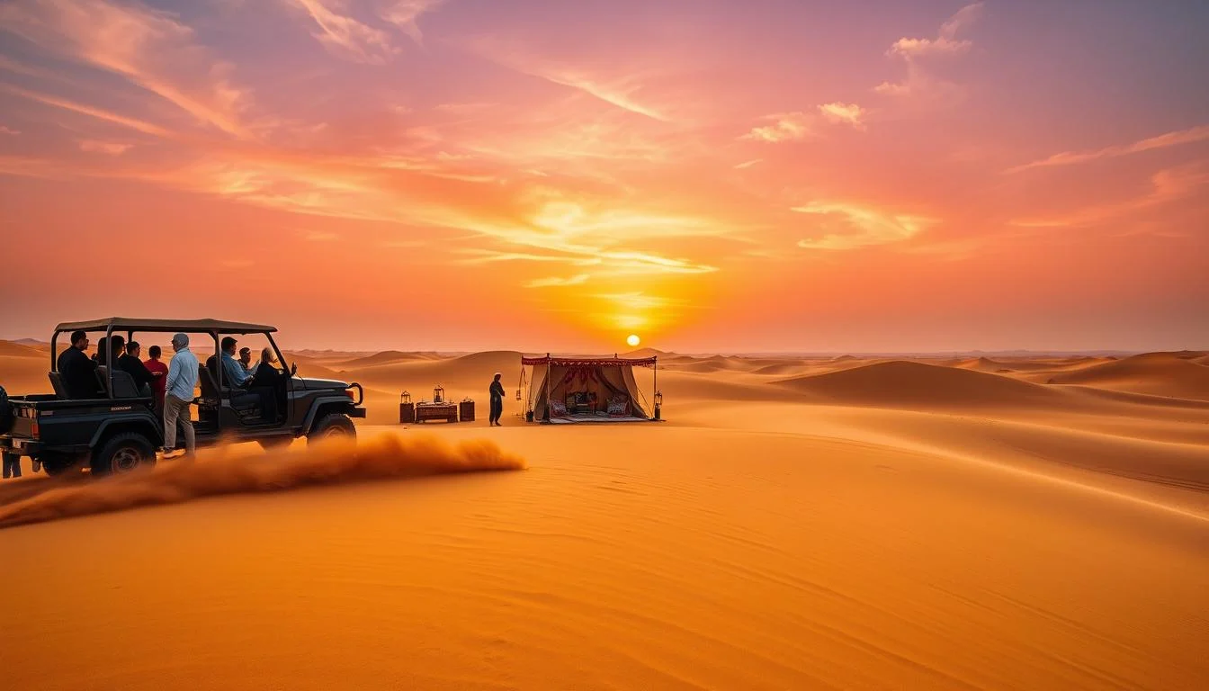 Tourists enjoying a full safari experience in the Ras Al Khaimah desert with dunes and Hajar Mountains in the background at sunrise
