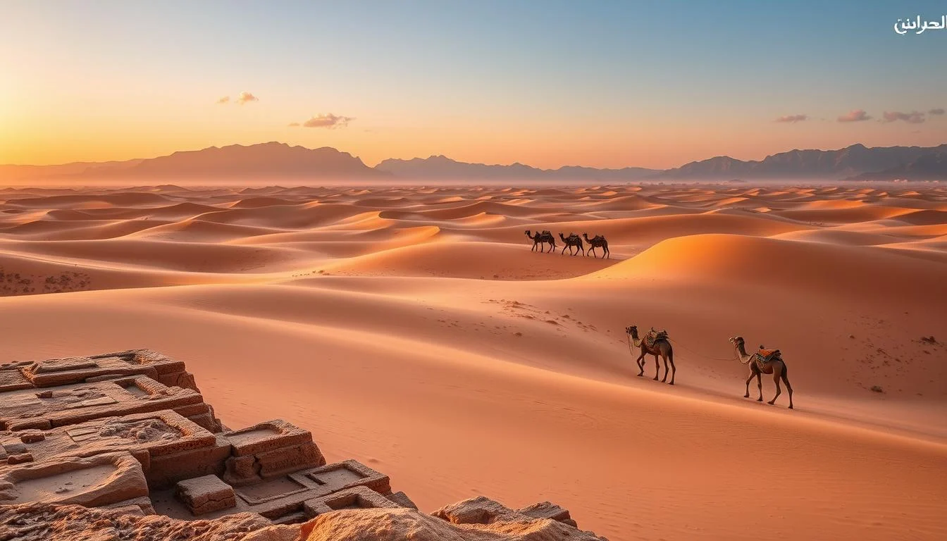 Ancient tombs and archaeological sites in Sharjah's Mleiha Desert under a clear blue sky, showcasing historical preservation efforts