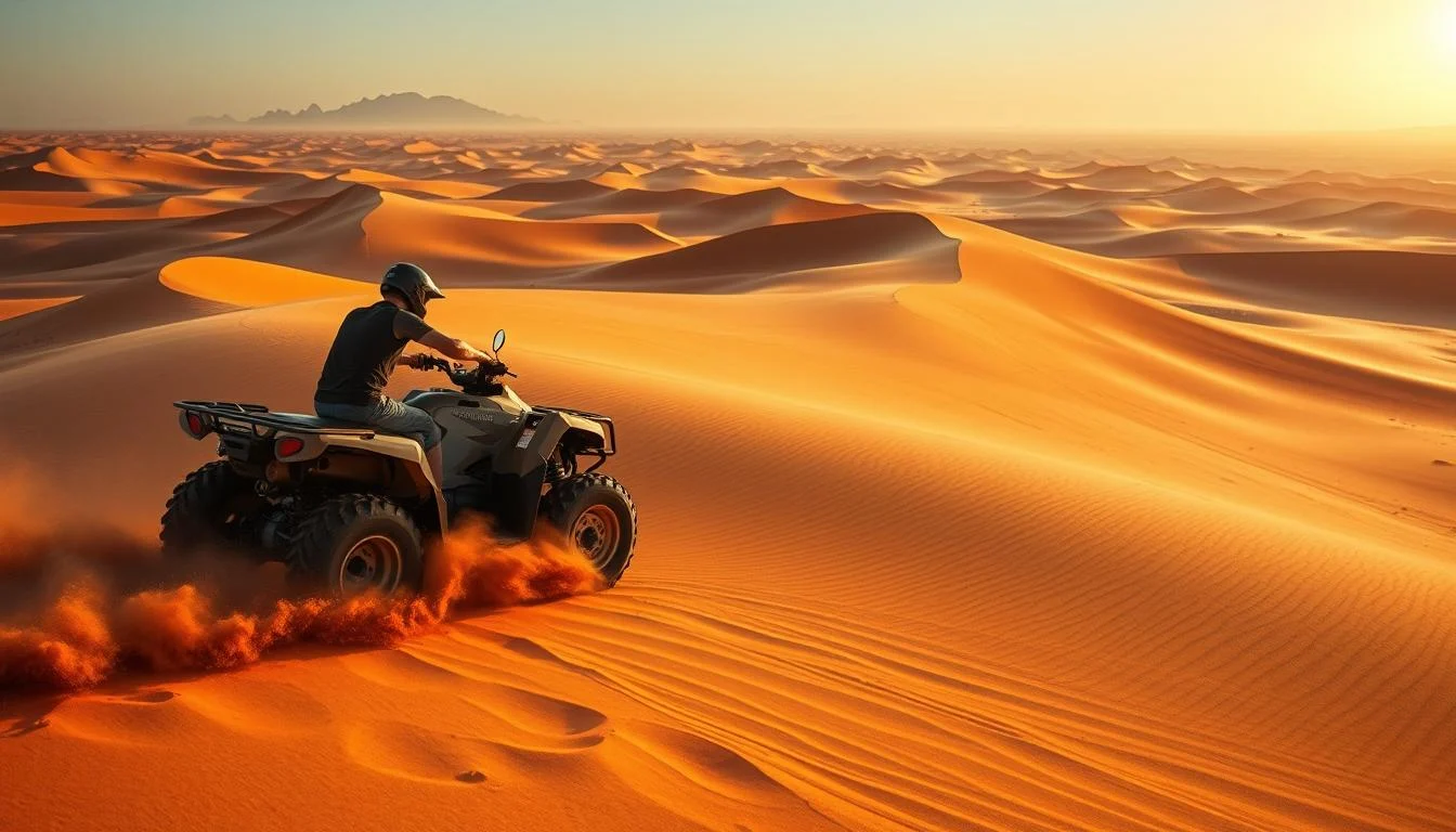 Tourists riding ATVs across the vast red sand dunes of Dubai, with the golden hour sun casting long shadows