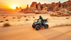 Tourists riding quad bikes across the golden sands of the Tassili n’Ajjer region in the Algerian Sahara at sunset