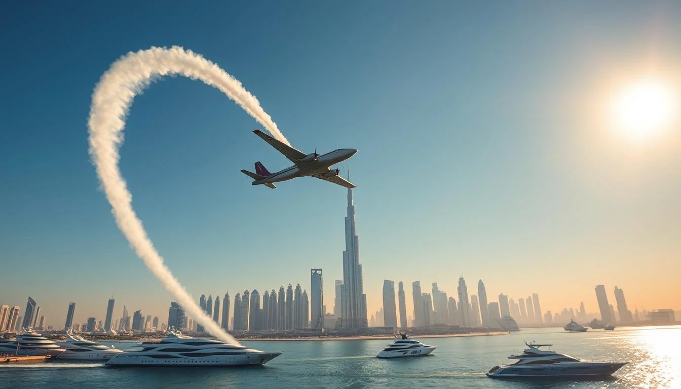Aerobatic plane performing thrilling stunts high above the iconic Dubai skyline, showcasing the city's landmarks like the Burj Khalifa