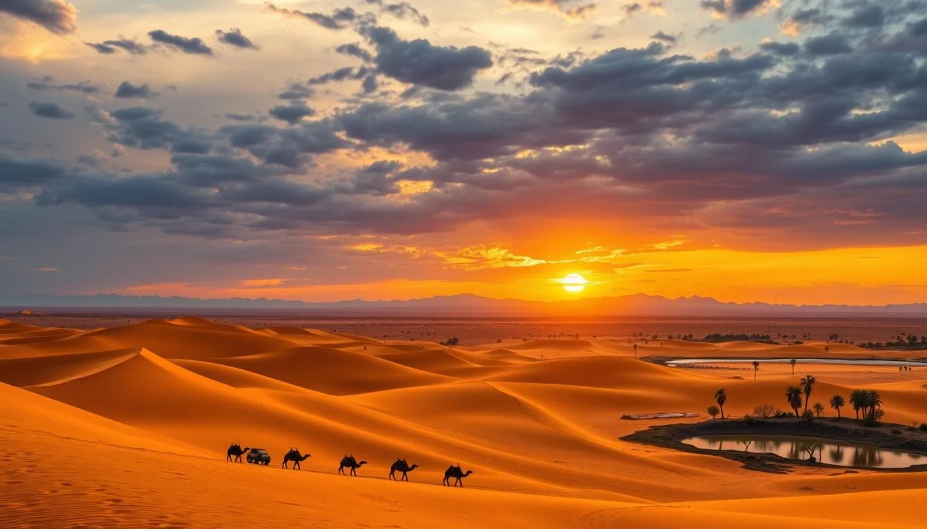 Tourists enjoying a thrilling dune bashing ride in a 4x4 vehicle across the vast golden sands of the Al Barsha desert in Dubai at sunset