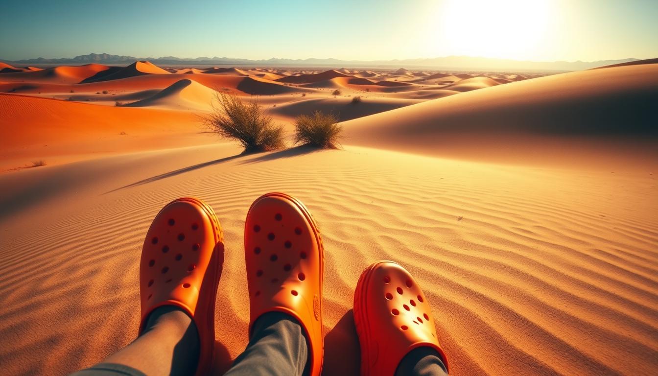 A pair of Crocs sandals resting on the red sand dunes of the Dubai desert, ready for a safari adventure