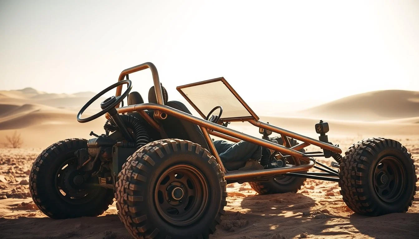 Two tourists in helmets and goggles driving an automatic dune buggy across the red sands of the Dubai desert