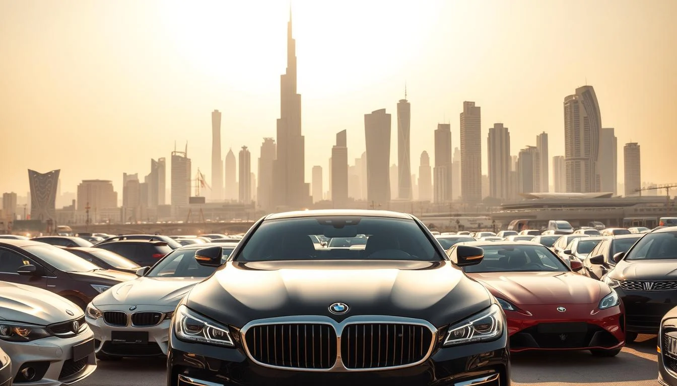 Luxury cars shining under the sun at a busy car dealership in Dubai, with a person considering a purchase