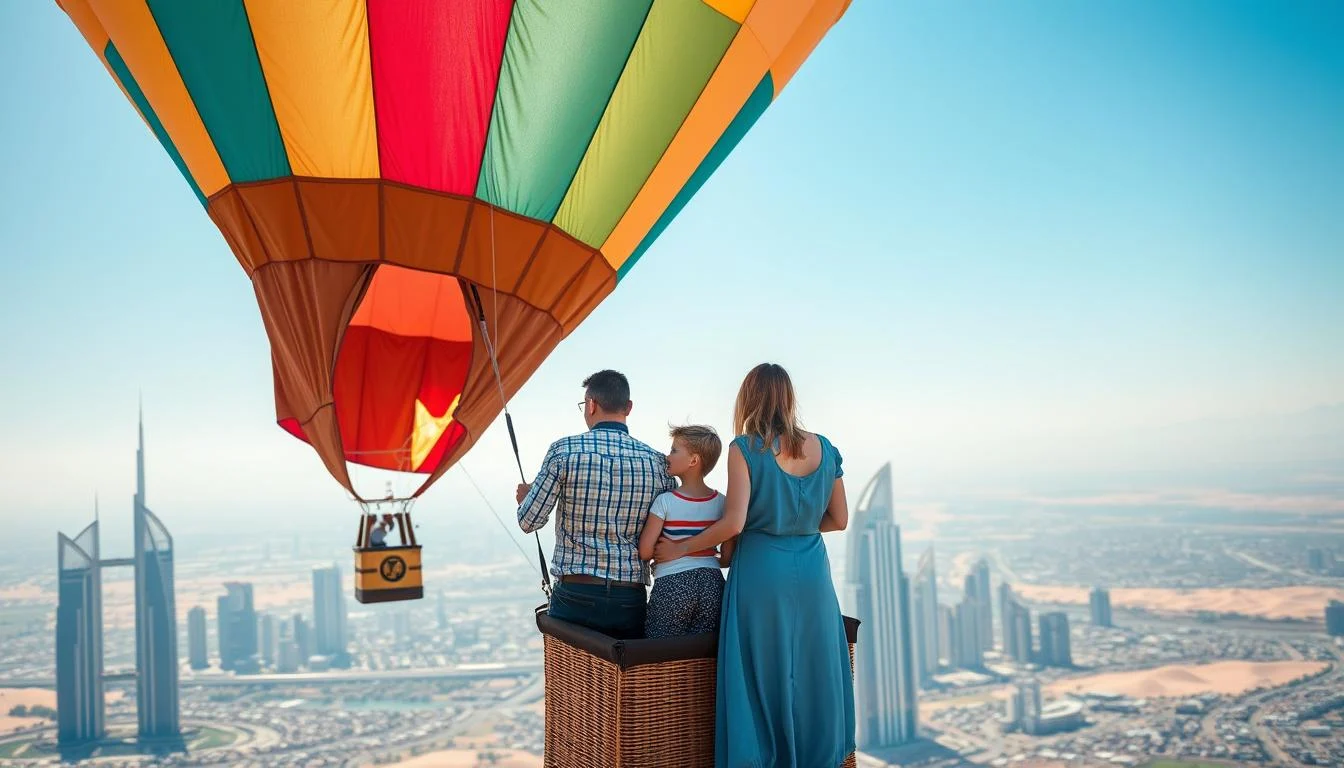 Parents and children preparing to board a hot air balloon at sunrise over the Dubai desert, with other balloons in the distance