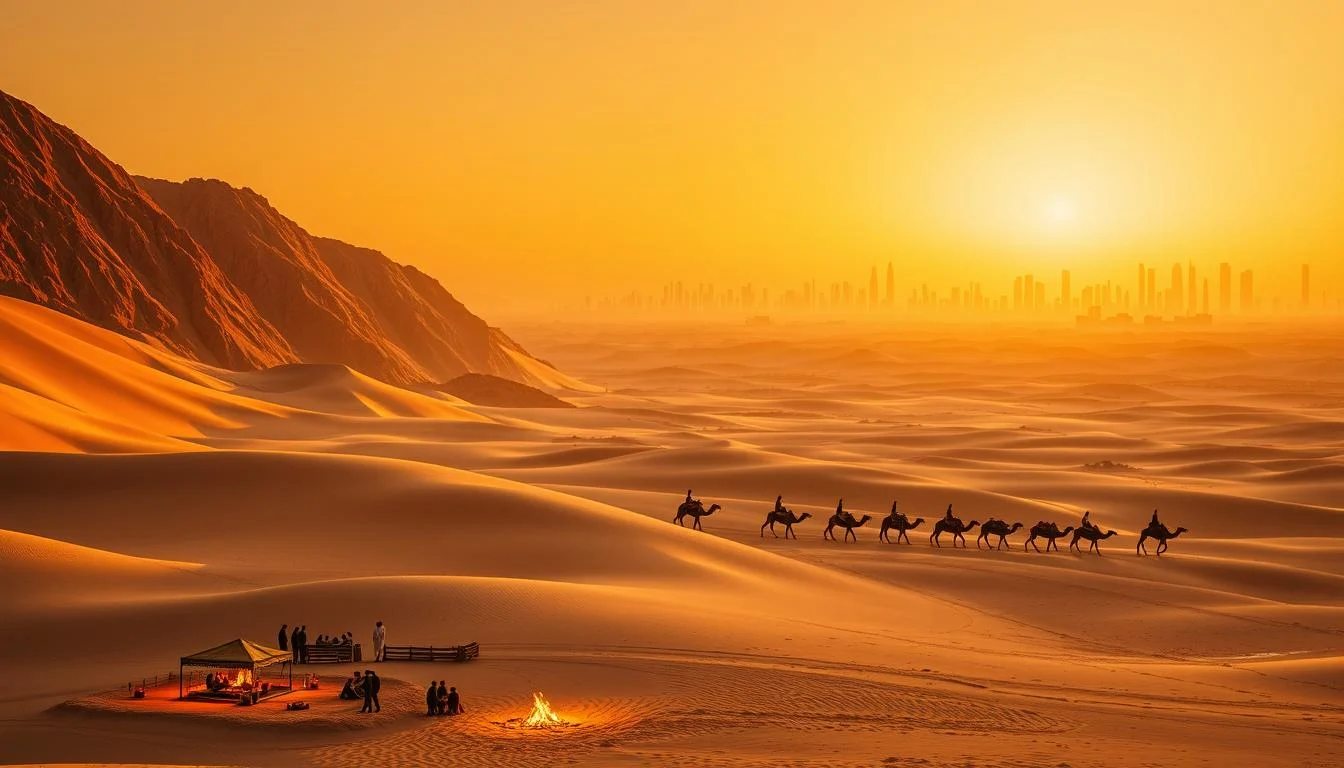 Tourists enjoying a BBQ dinner and traditional show under the stars in the Dubai desert after a safari adventure