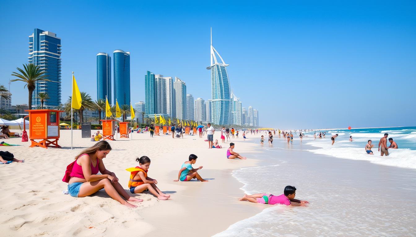 Families enjoying a sunny day on a pristine Dubai beach with children playing near the gentle waves, highlighting safe beach practices