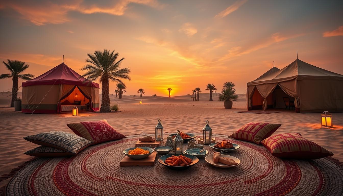Tourists enjoying a Bedouin-style dinner under a lantern-lit tent in the Sharjah desert at night, with traditional carpets and cushions.