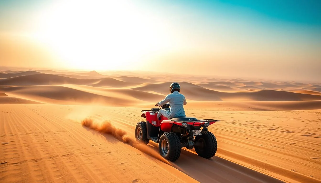 Tourists on quad bikes riding across golden sand dunes in Dubai's desert with a clear blue sky