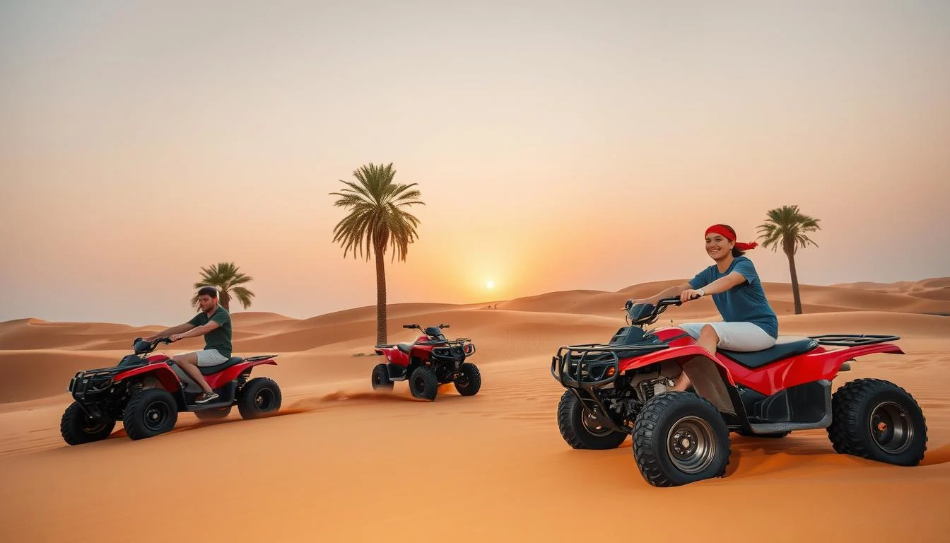Tourists riding quad bikes across the golden dunes of Dubai's desert at sunrise, with the city skyline in the distance
