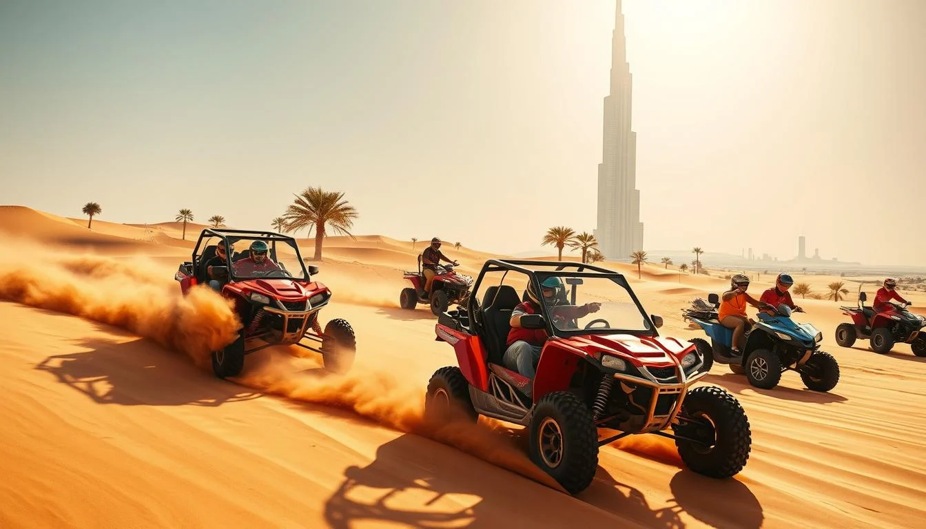 Tourists riding dune buggies and quad bikes across the red Dubai desert dunes at sunset, enjoying an adventure tour