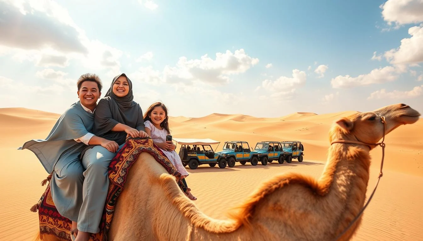 Families enjoying a desert safari in Sharjah, with children touching cool desert sand at dawn and parents watching the peaceful sunrise