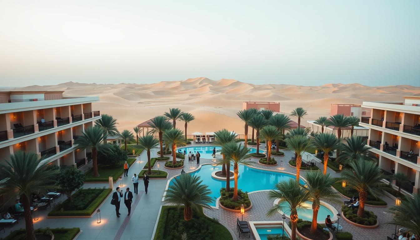Tourists enjoying a desert safari near Sharjah, with a hotel in the background, offering convenient access to adventure locations