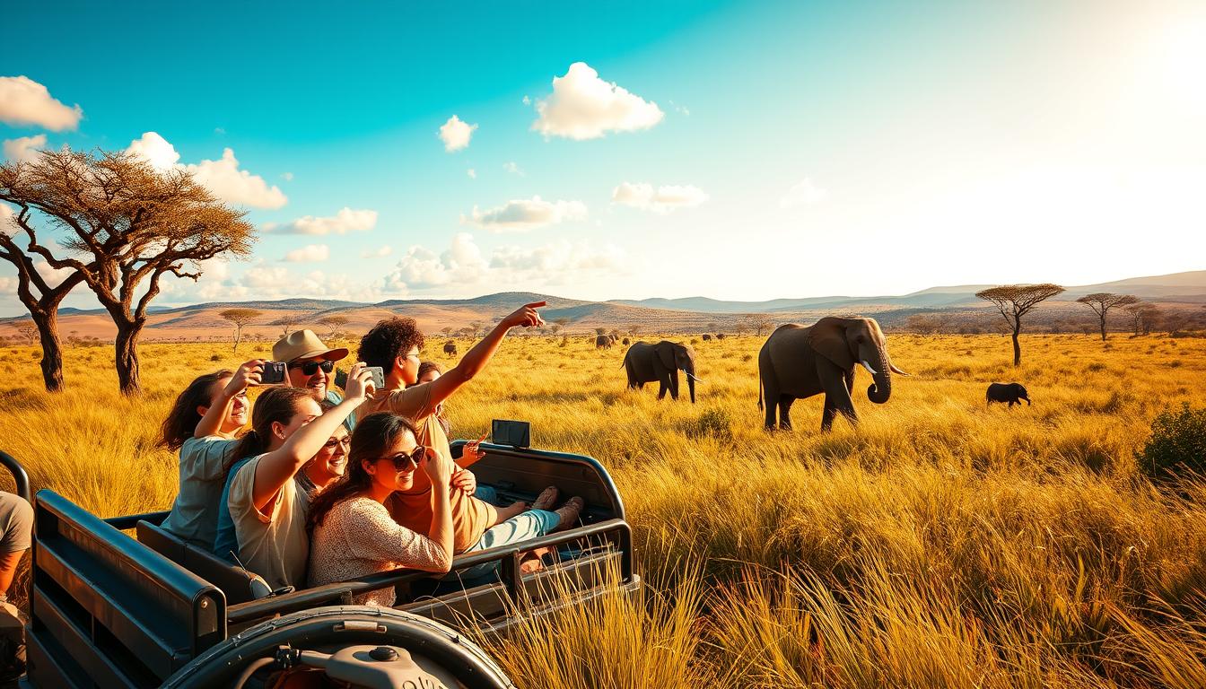 A large family group enjoying a desert safari at sunset, with children and adults smiling and looking at the glowing amber sky over the dunes.