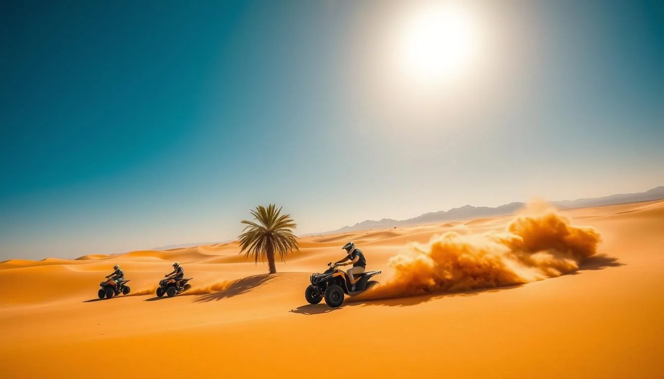 Tourists riding quad bikes across vast, rolling dunes in Abu Dhabi's desert during the mild winter season