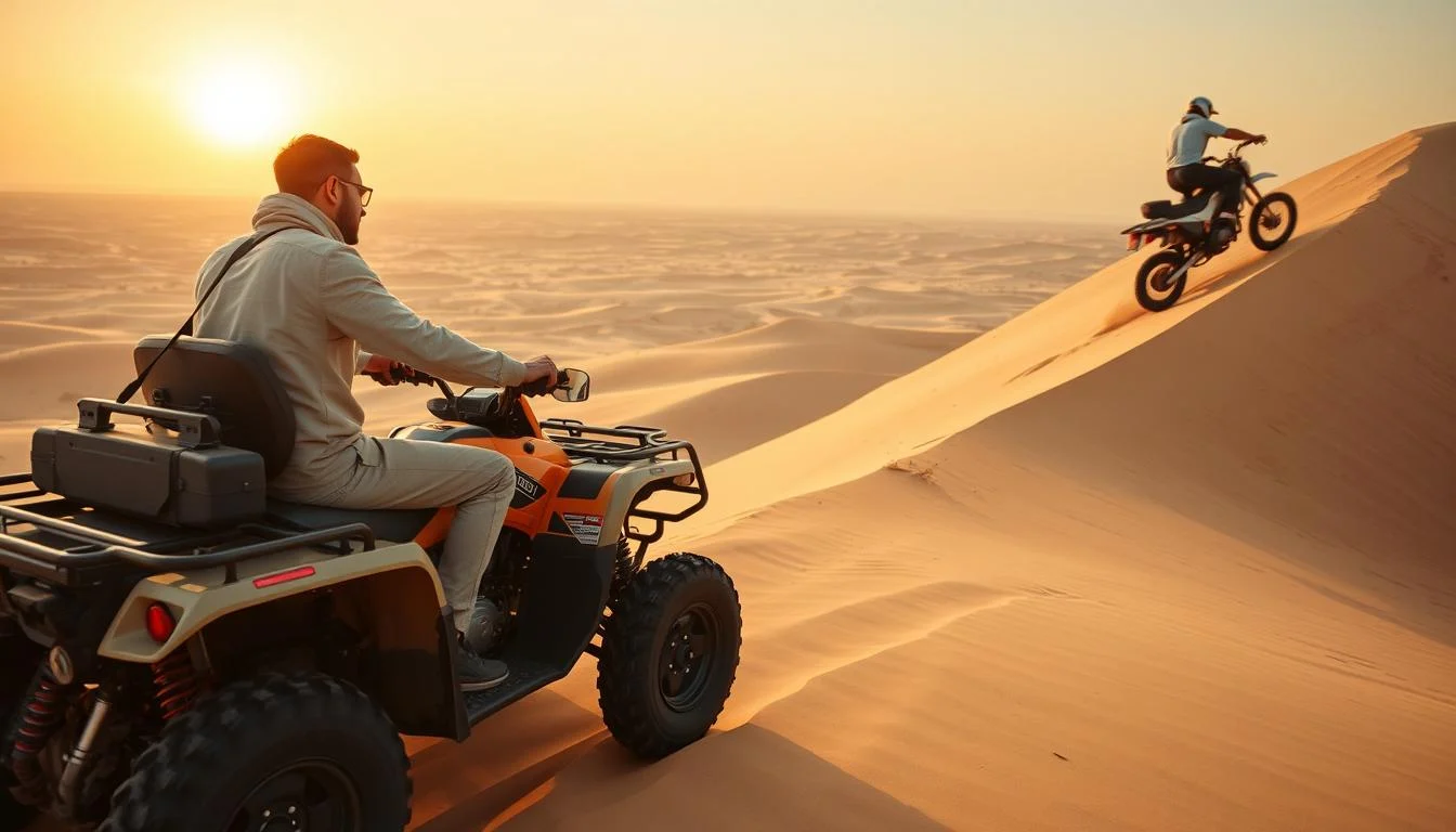 Desert bikers navigating challenging uphill and downhill slopes in the vast, sandy landscape of the Sharjah Desert at sunset