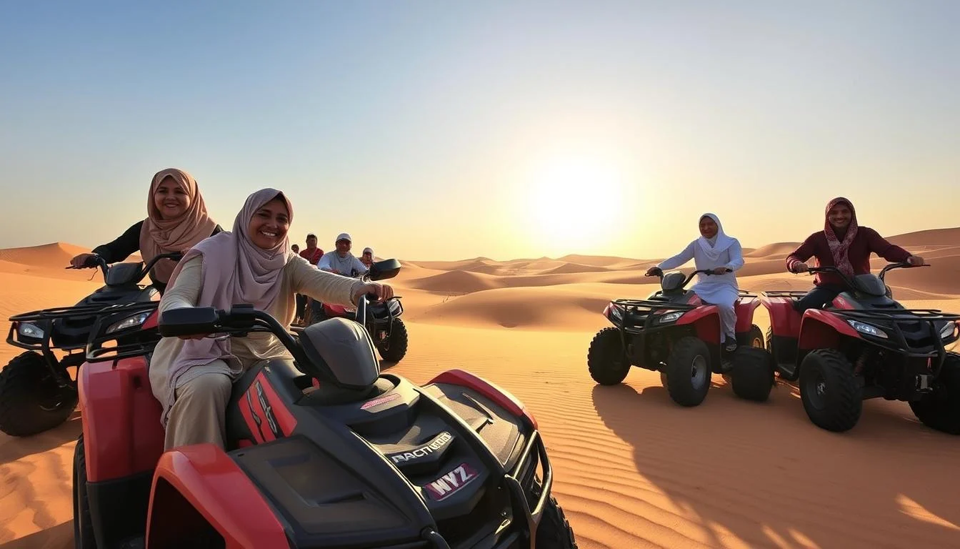 Quad bikers riding across red dunes in Sharjah desert at sunset, with a clear sky and soft light