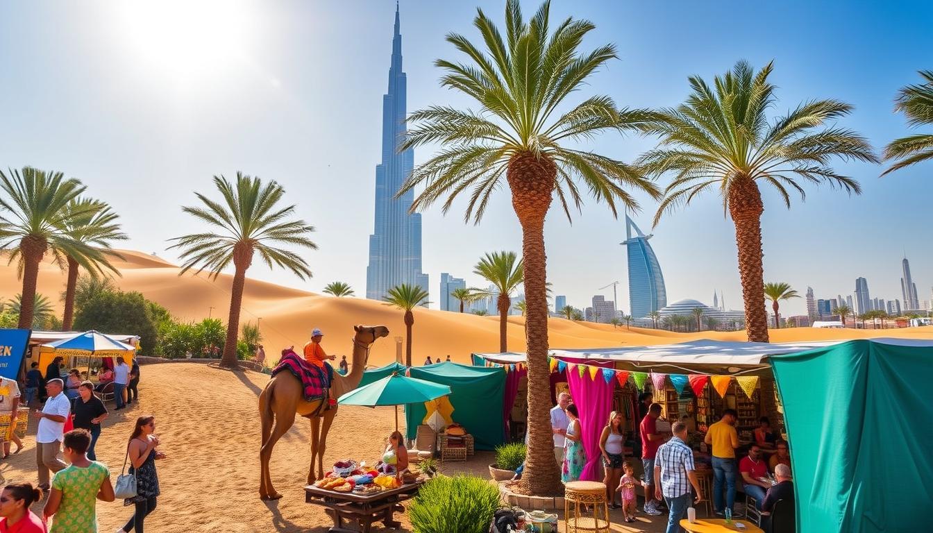 Tourists enjoying a desert safari with dune buggies and camels in the red Dubai desert at sunset