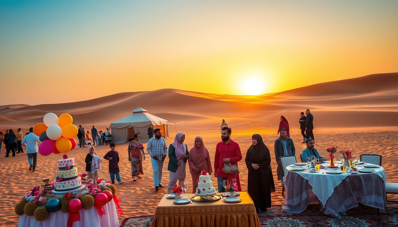 A beautifully decorated desert setting with lanterns and majlis seating, perfect for a romantic birthday or anniversary celebration in Sharjah.
