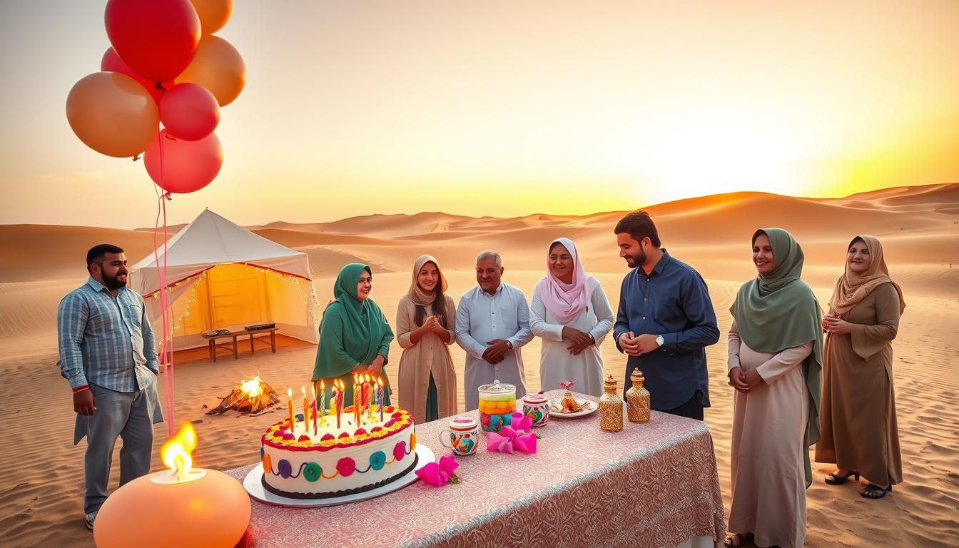 Luxurious desert event setup with comfortable lounges and dining tables under a clear night sky in Sharjah