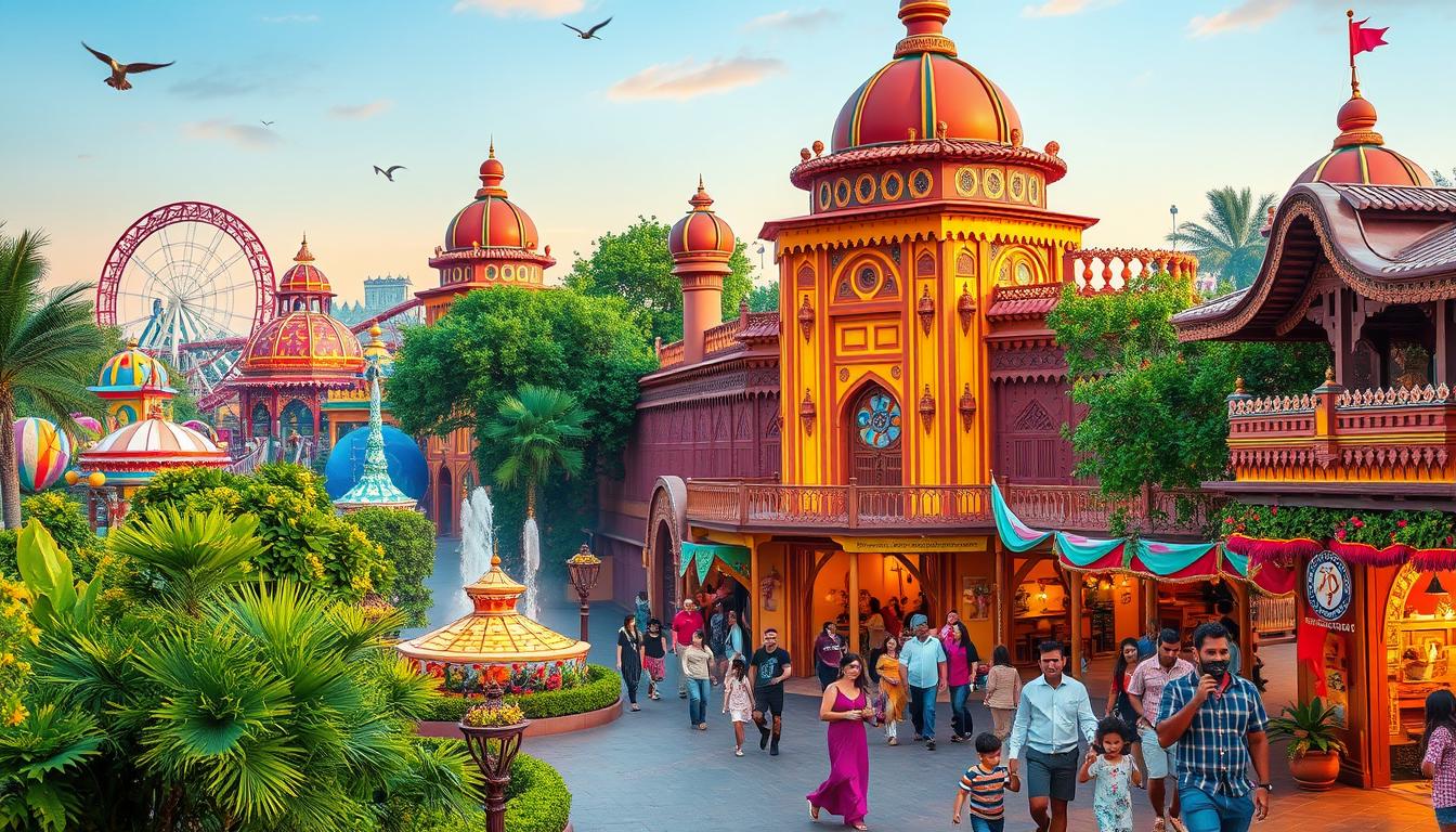 Families enjoying the vibrant atmosphere and live performances at Bollywood Parks Dubai, a themed amusement park celebrating Indian cinema