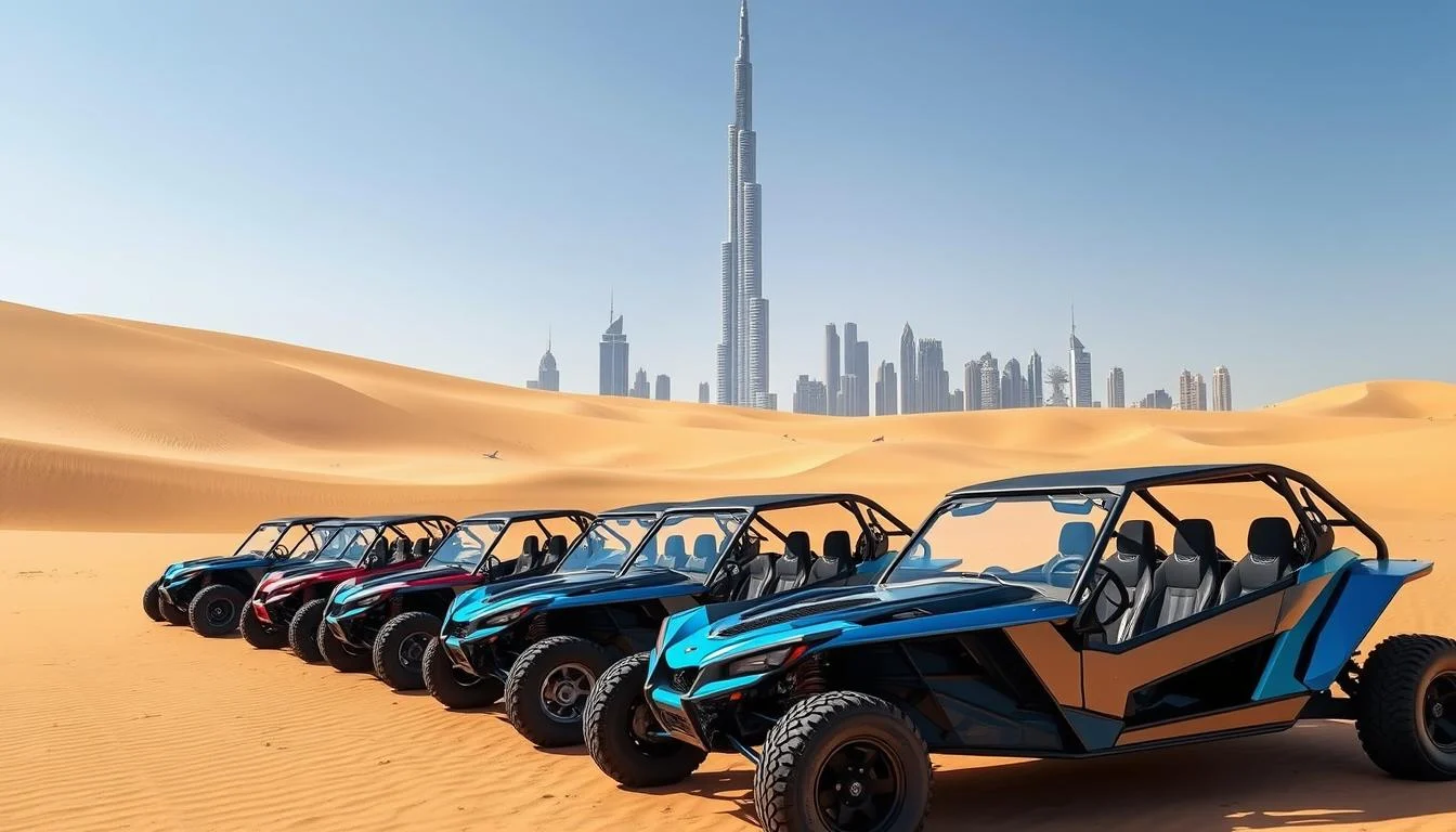 Tourists driving powerful dune buggies across the red sands of Dubai's desert under the afternoon sun