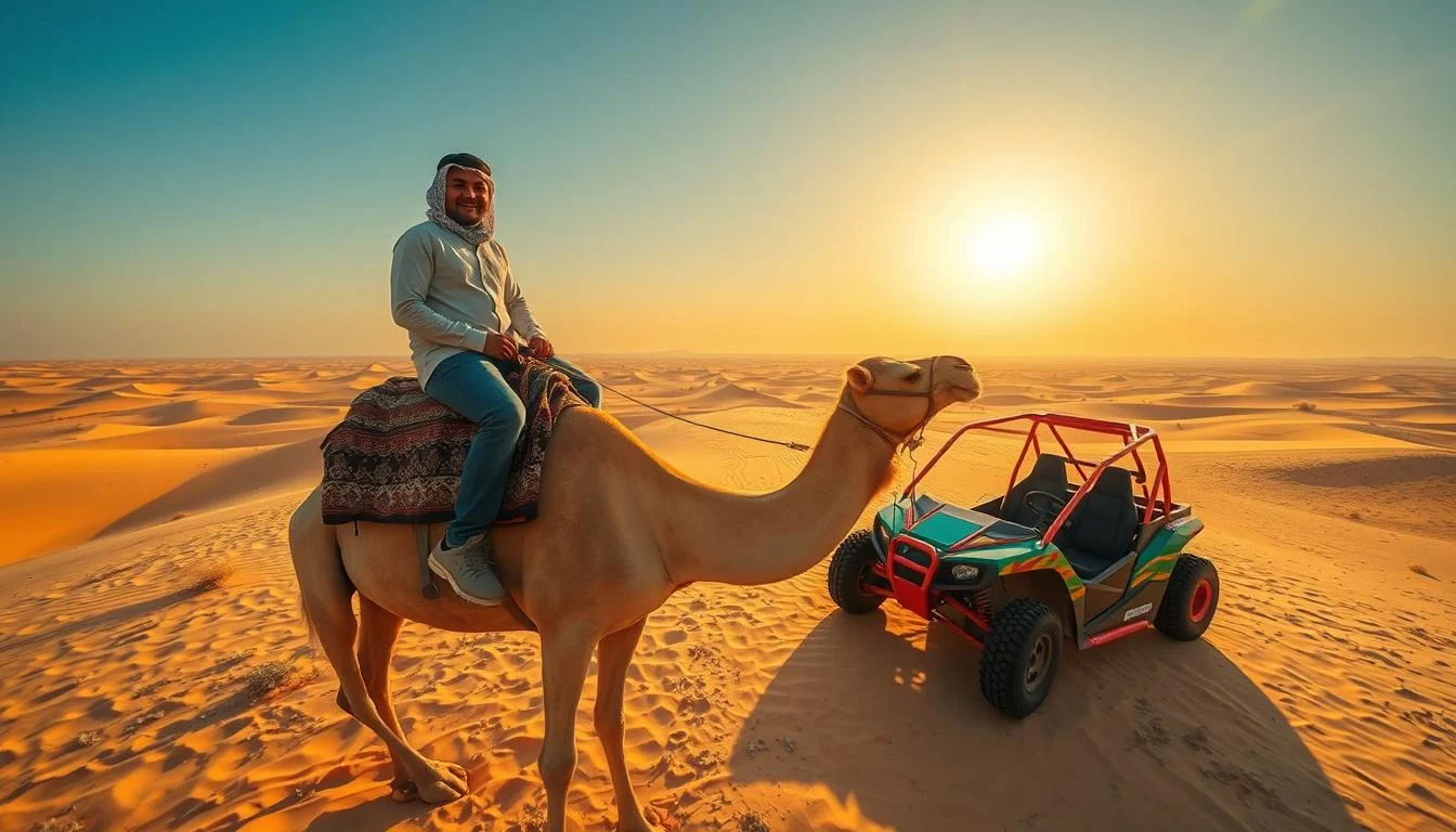Tourists enjoying a camel ride through the golden desert dunes of Sharjah, with dune buggies visible in the distance