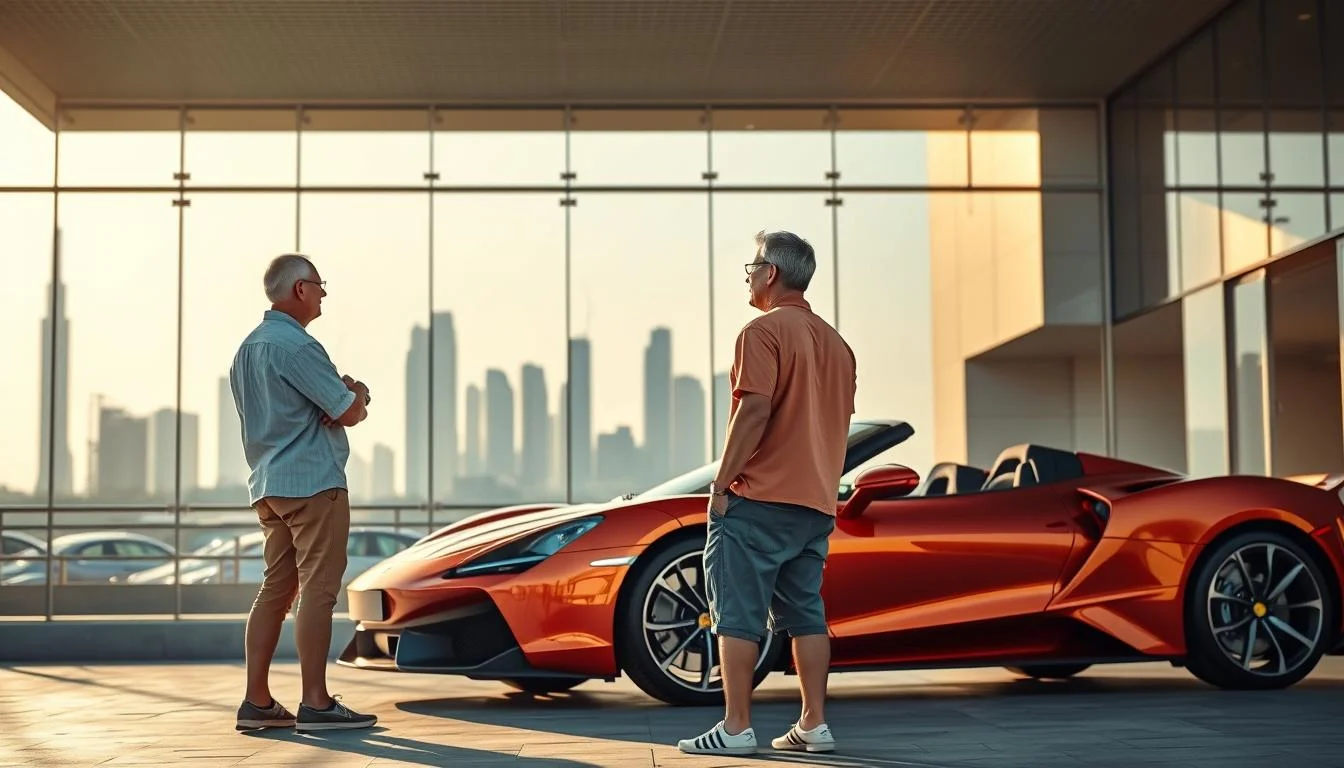 A sleek, modern luxury car driving on a multi-lane highway in Dubai with towering skyscrapers in the background at sunset