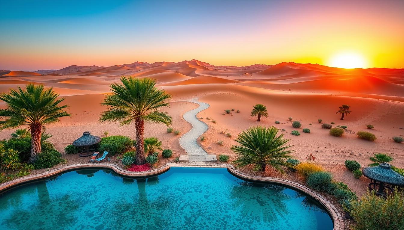Tourists enjoying a peaceful desert safari in Dubai without dune bashing, riding camels across the sandy dunes at sunset