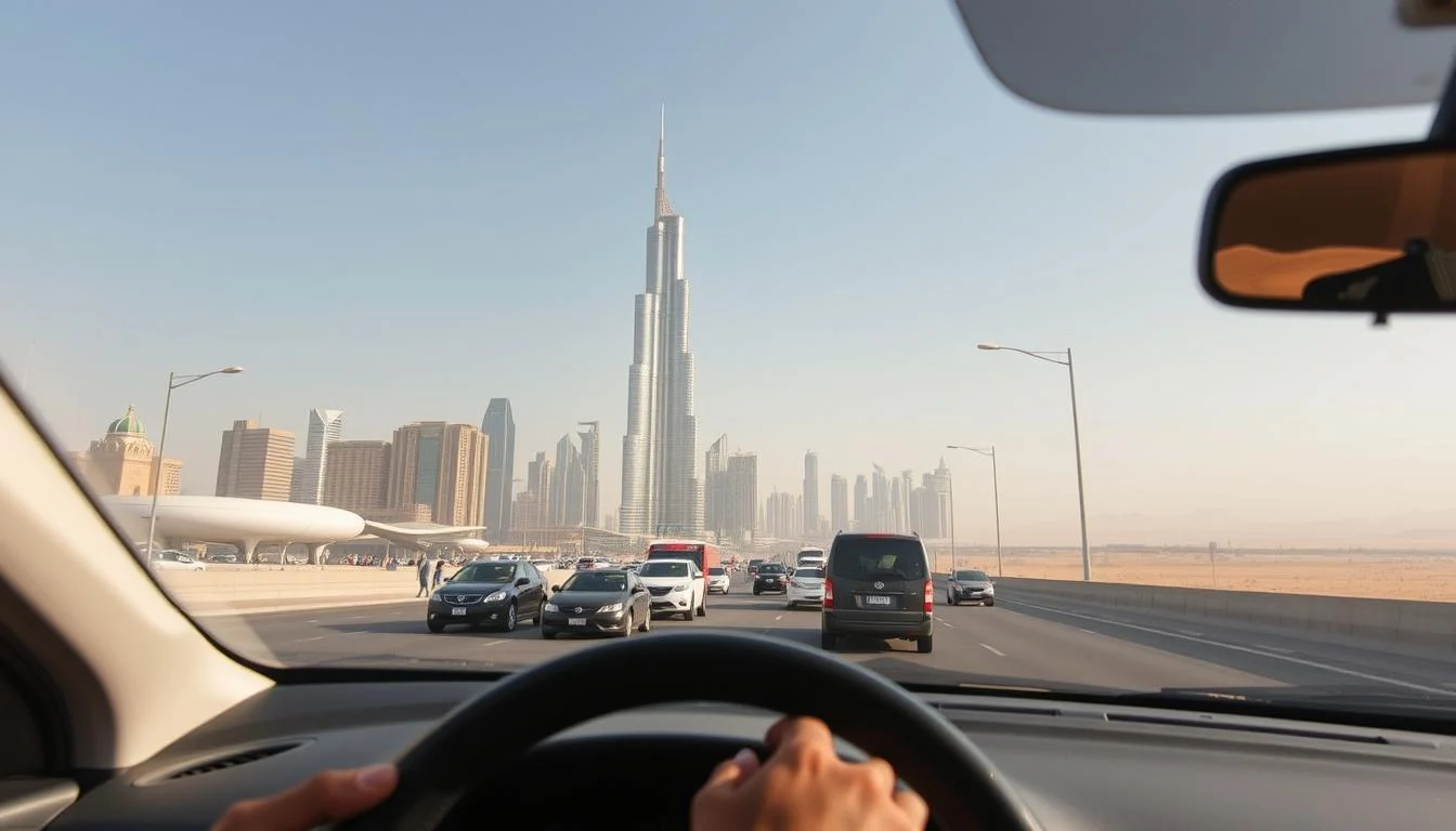Tourists driving a car through Dubai's modern city streets with skyscrapers in the background at sunset