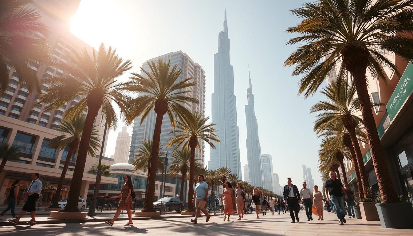Tourists walking through a traditional Dubai market, some wearing flip flops, others in closed-toe shoes, respecting local dress codes