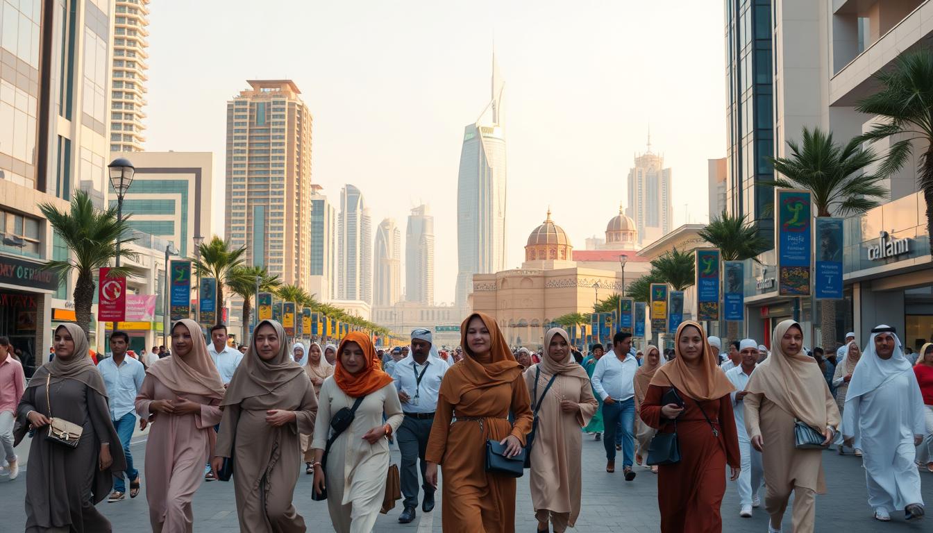 Tourists wearing appropriate attire for Dubai's cultural norms, including knee-length shorts and covered shoulders, while exploring the city.