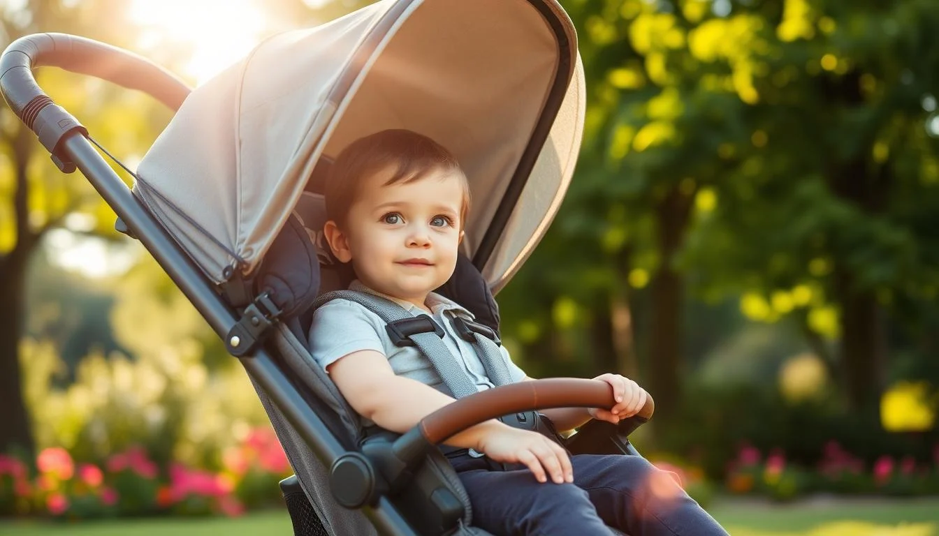 A happy toddler sitting comfortably in a sturdy, modern buggy, looking around with curiosity during a family outing in Dubai