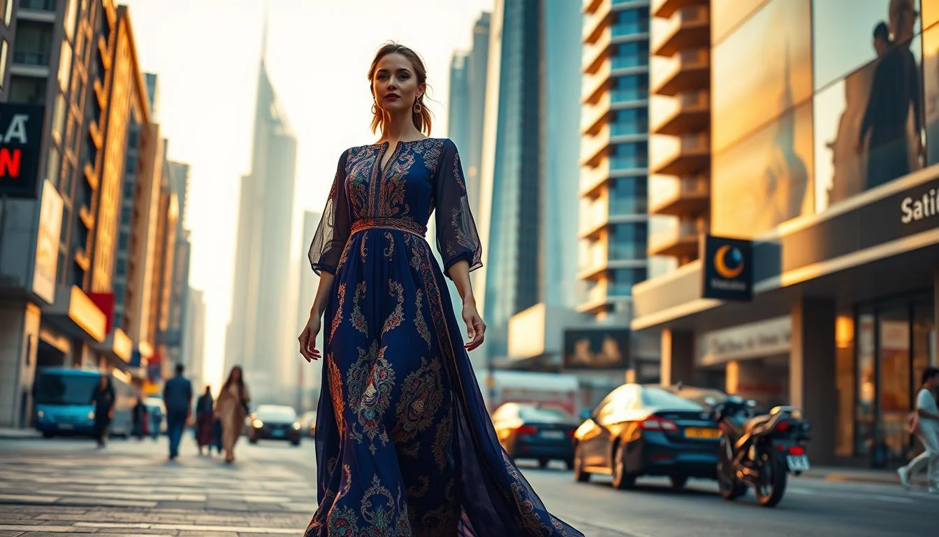 Female tourist wearing a long dress and headscarf, respectfully exploring a mosque in Dubai, UAE