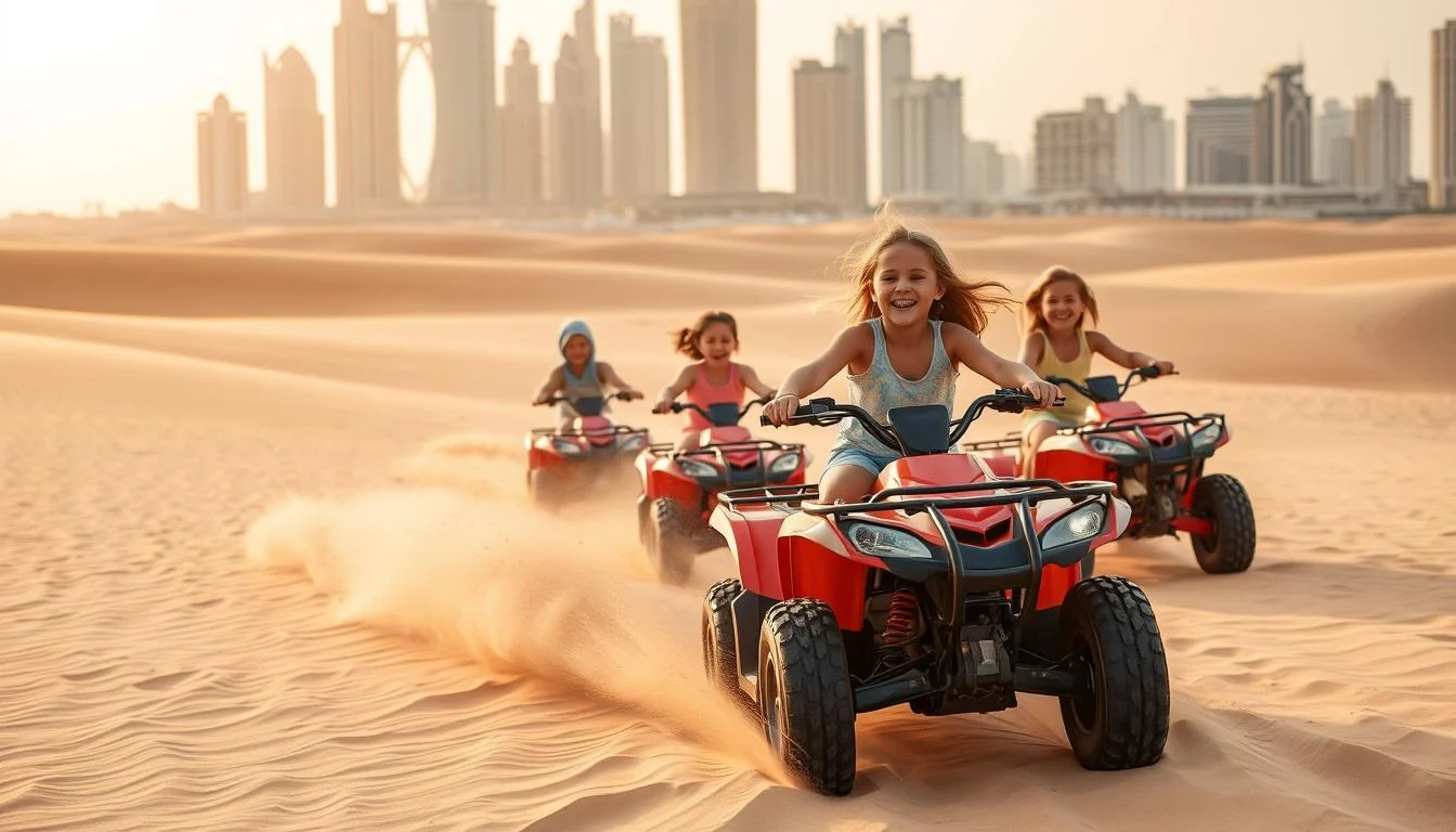 Children wearing helmets and safety gear riding quad bikes on a sandy track in the Dubai desert with an adult supervisor nearby