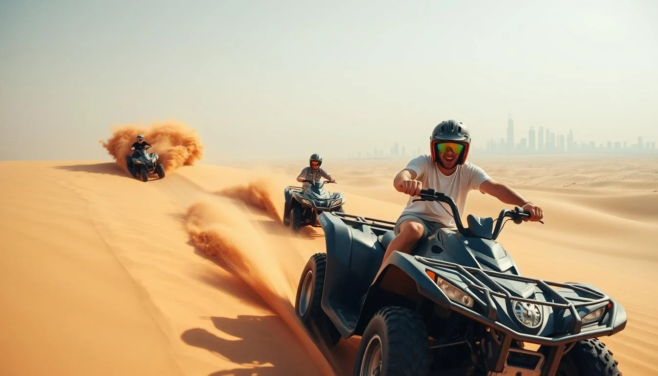 Tourists riding quad bikes across the golden sand dunes of Dubai's desert at sunset, kicking up sand as they navigate the terrain
