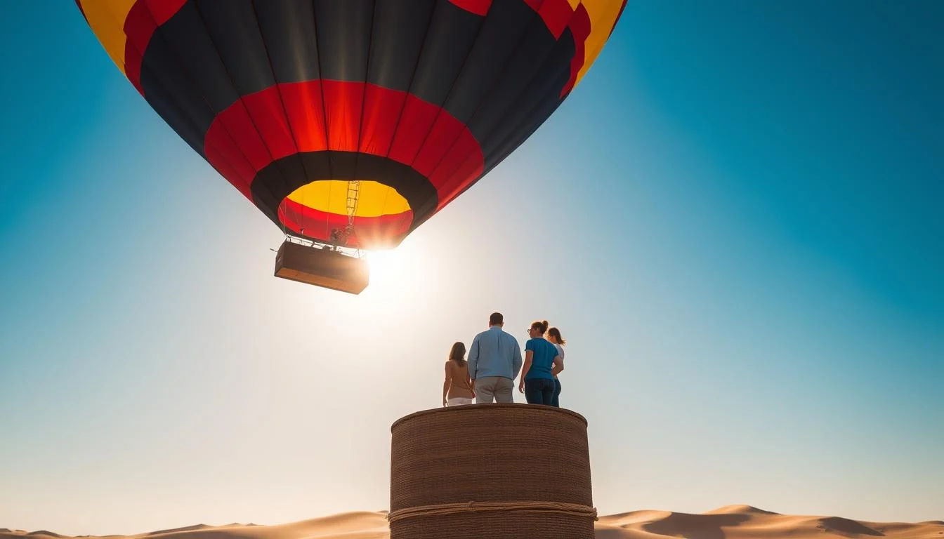A hot air balloon with a basket carrying passengers floating serenely over the vast, golden desert landscape of the UAE at sunrise
