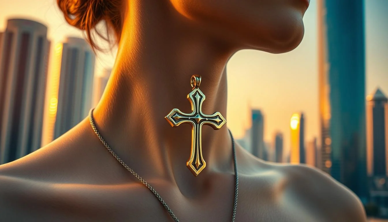 A person wearing a small cross necklace discreetly in Dubai, respecting local customs while expressing their faith